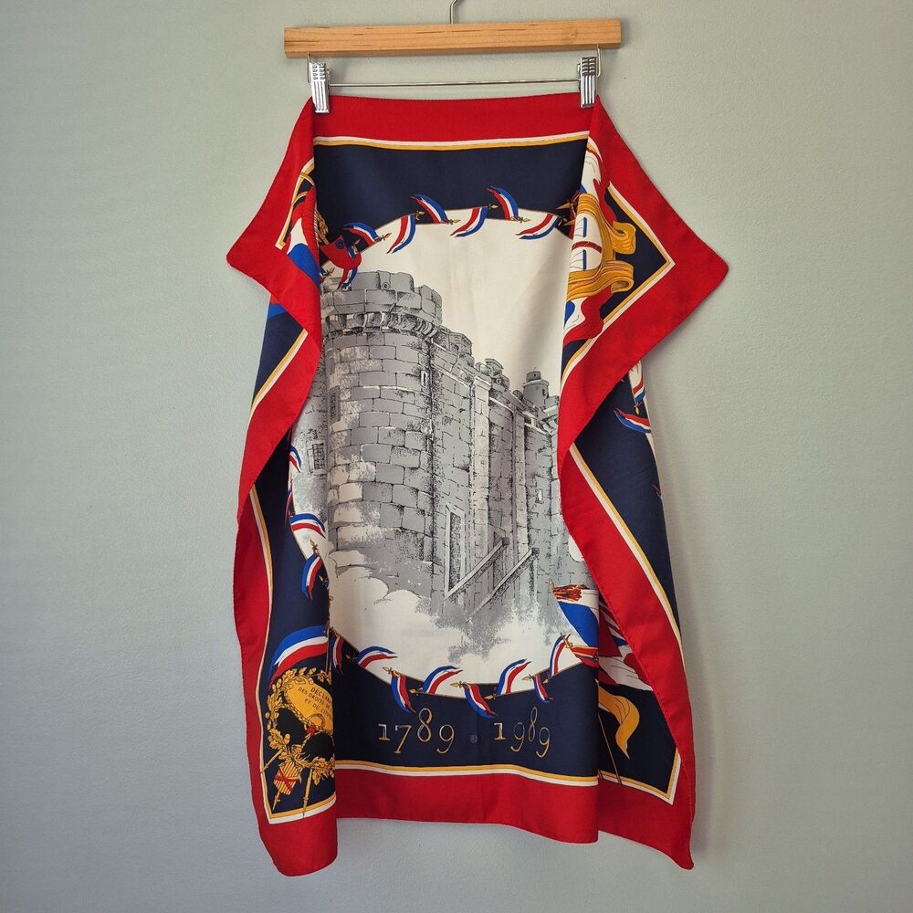 Vintage Colorful Silk 1989 Bicentennial French Revolution Bastille Castle Scarf